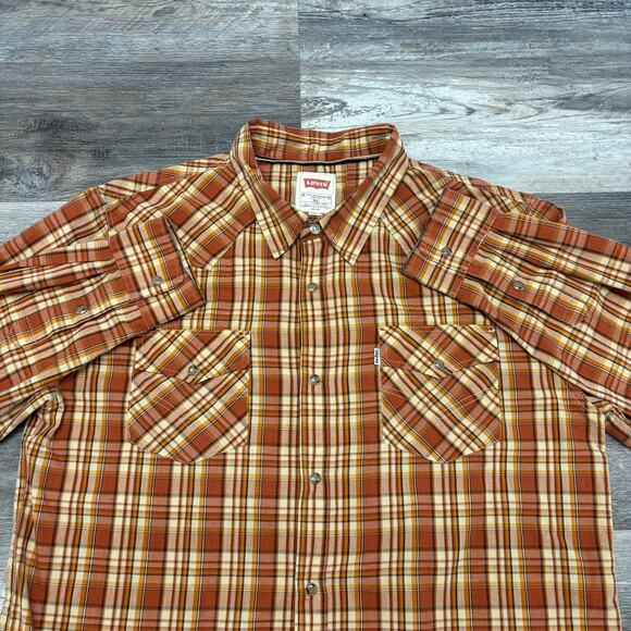 Levis Shirt Mens XL Western Style Plaid Pearl Snap Long‎ Sleeve Orange Red - Picture 1 of 10